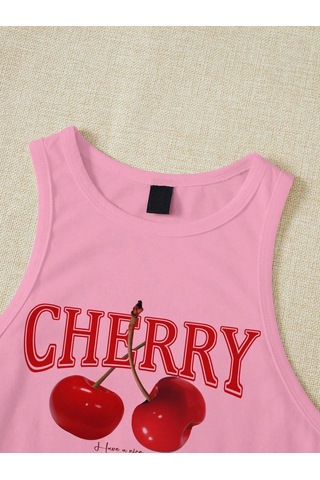 Afri Kadın Pembe "Cherry" Baskılı Kolsuz Crop Atlet - Yazlık Sokak Stili Pembe