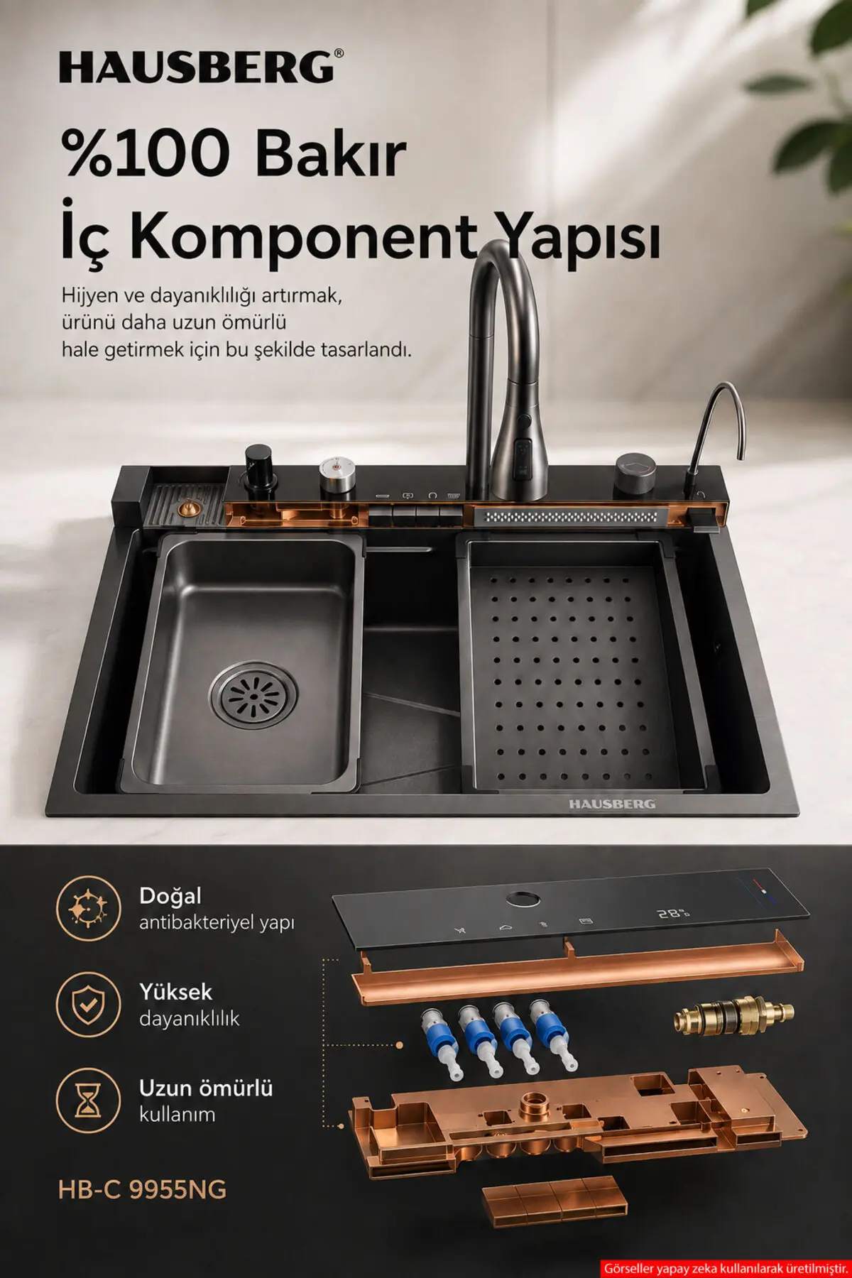 Dijital Akıllı Evye Seti Şelale Bataryalı, Led Sıcaklık Göstergeli, Bal Peteği Tabanlı Paslanmaz Çelik Teknolojik Mutfak Evyesi,7+1 Fonksiyonlu, Aksesuarları Dahil Siyah
