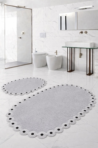Gülruba Oval Beyaz Çeyizlik Dantelli 2'li Banyo Paspası Seti Kaymaz Tabanlı Klozet Takımı Beyaz