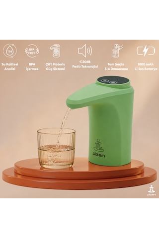 Pizen Flow Usb Şarjlı Otomatik Damacana Su Pompası Tds Ölçer 250ml 500ml 1l 2l Ölçü Özellikli Yeşil