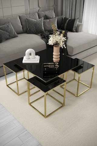 4+1 Gold Kaplama Siyah Ayna Orta Sehpa