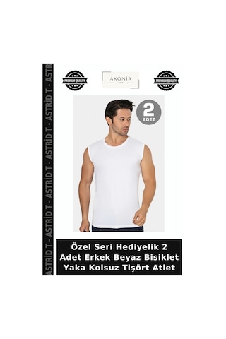 Astrid T Özel Seri Hediyelik 2 Adet Erkek Beyaz Bisiklet Yaka Kolsuz Tişört Atlet Beyaz 2
