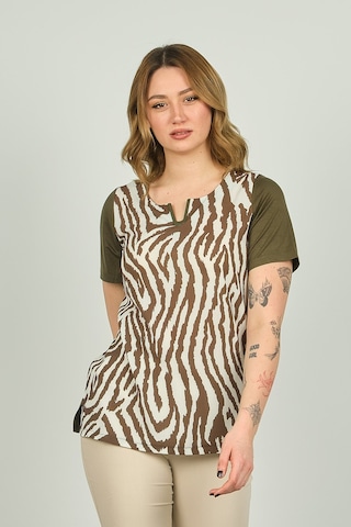 Ella Camelia Kadın Zebra Desenli Kısa Kol Bluz 20e016 Haki