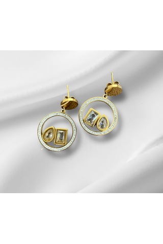 Özel Seri Altın Kaplama Beyaz Mineli Çelik Küpe