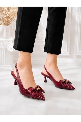 Dabab Shoes Kamıla Kadın Bordo Fiyonk Detaylı Rugan Sivri Burun Slingback 7 Cm İnce Topuklu Ayakkabı