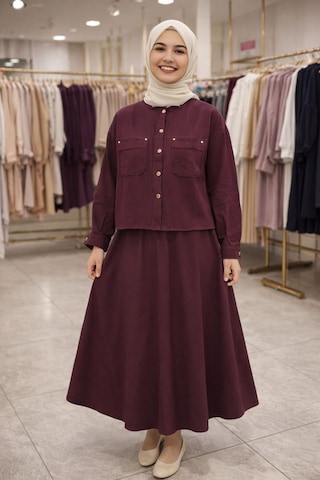 Esra Butik78 Gabardin Kumaş Gizli Cepli İkili Takım Uzun Etekli Tesettür Şık Rahat Kombin Bordo