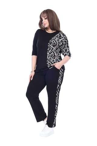 Melsay Butik Siyah Truvakar Kol Yarım Zigzag Garnili Viskon Büyük Beden Takım Siyah