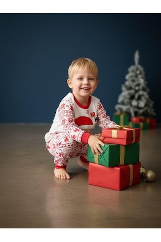 Zekids Çocuk Pamuklu Yılbaşı Temalı Noel Baba Baskılı Pijama Takımı-16589 Renklı