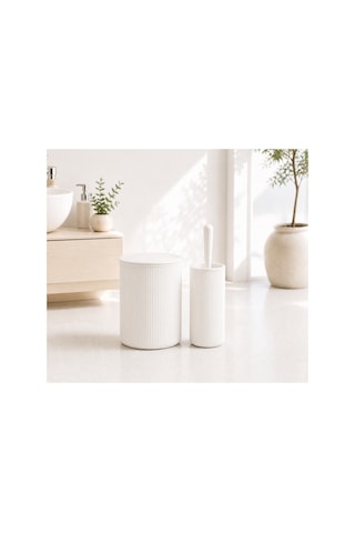 Modern Çizgili Banyo Çöp Kovası 6,25 Litre & Tuvalet Fırçası Seti İkili Set, Dayanıklı Plastik Beyaz