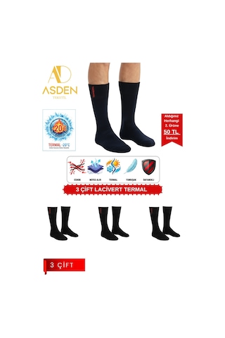 Asden 6 Çift Termal Erkek Çorap Ekstra Kalın Havlu Premium Pamuklu Burun Dikişsiz Kısa Konç Siyah Lacivert3