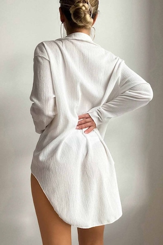 Angelsin Gömlek Görünümlü Likralı Plaj Elbisesi Pareo Cover Up Kimono Beyaz