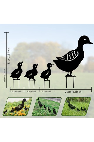 4'lü Sette Ördek Ailesi Bahçe Dekorasyonu Dış Mekan Bahçe Dekoru Metal Figürler Siluet Süsler