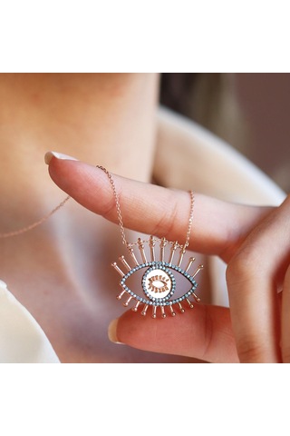 Göz Turkuaz Taşlı Rose Gold Gümüş Kolye Gümüş