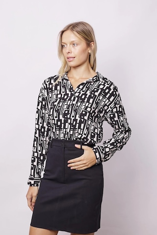 Kadın Likrasız Viskon Vual Desenli Yakalı Düşük Omuzlu Uzun Kol Şık Gömlek-Geometri Geometri
