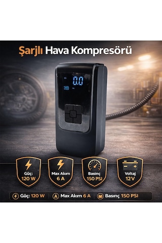 Tr Taşınabilir Şarjlı Hava Kompresörü 150 Psı Araba Bisiklet Motor Top Lastik Şişirme Dijital Ekranlı Genel