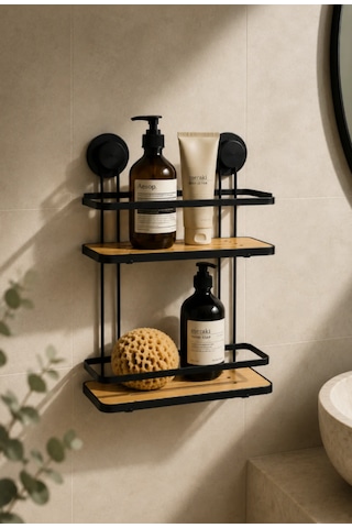 Robin Home Metal Bambu Vakumlu Yapışkanlı Banyo Rafı 2 Katlı Duş İçi Düzenleyici Siyah