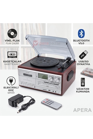 Knstar Kn-110 Klasik Pikap Bluetooth 5.0 Cd Kaset Usb/sd Fm Radyo Dahili Hoparlörlü Nostaljik Müzik Çalar Ahşap Kahverengi