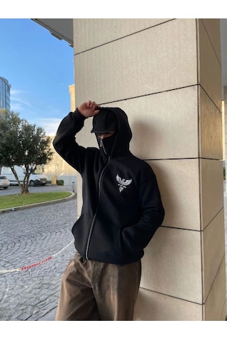 Mbb E-ticaret Erkek 3 İplik Samuray Kapüşonlu Zıp Fermuarlı Sweatshirt Hoodie - Siyah