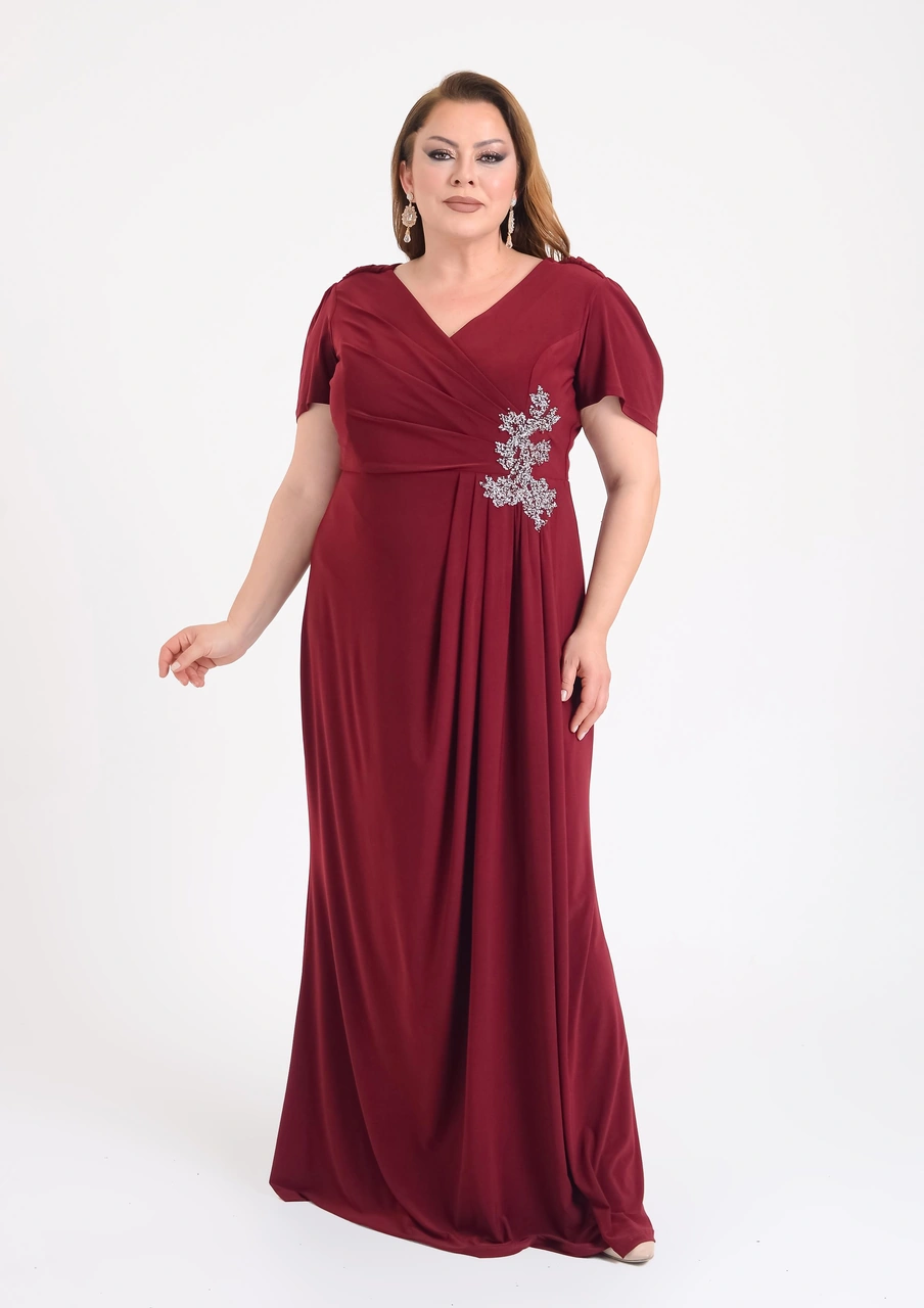 Lilas Xxl Büyük Beden Bordo Renkli Kısa Kollu Likralı Uzun Abiye Elbise Bordo