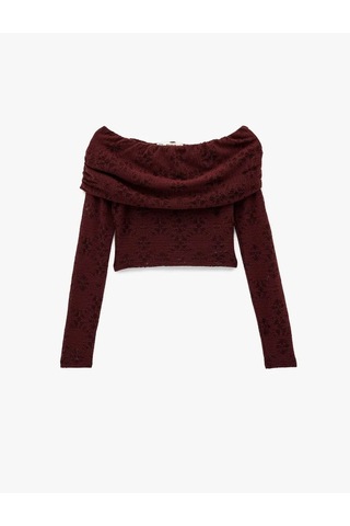 Koton Omzu Açık Crop Dantel Bordo Kadın Uzun Kollu T-shirt 6wal10621ık Bordo