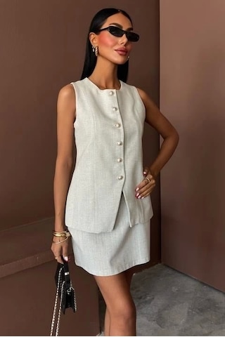 Uzun Yelek Mini Etek Flamlı Keten Takım 10148 Açik Gri