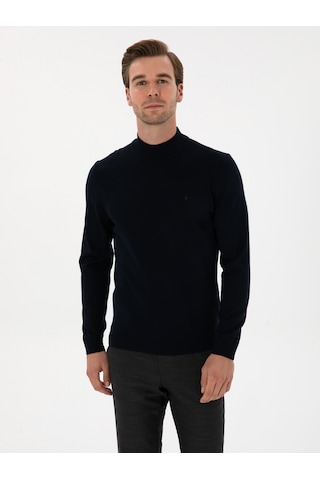 Cacharel Lacivert Slim Fit Yün Karışımlı Yarım Balıkçı Basic Triko Kazak