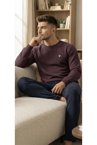 Erse %100 Pamuk Selanik Örme Uzun Kol Erkek Pijama Takımı Kışlık Bordo - 9013578630198 Koyu Bordo