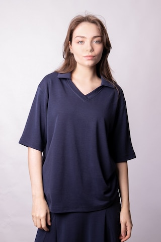 Kadın Yumşak Dokulu Esnek Kumaş V Yaka Yakalı Düşük Omuzlu Dirsek Boy Kollu Oversize Bluz-lacivert Lacivert