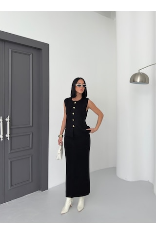 Kadın Düğme Detaylı Yelek Uzun Etek Alt Üst Triko Takım Siyah