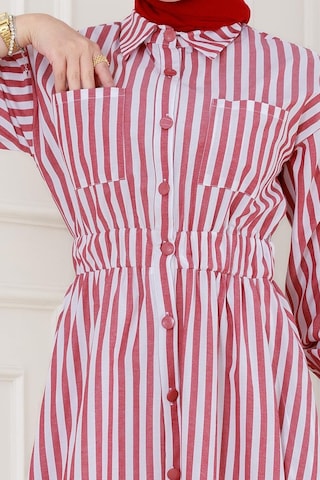 Sevitli Çizgili Cepli Tesettür Elbise-bordo-5133 Bordo
