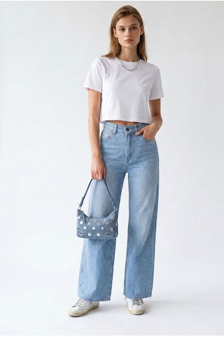 Mixray 2164 Kadın Yüksek Bel Palazzo Geniş Paça Denim Pantolon Mavi