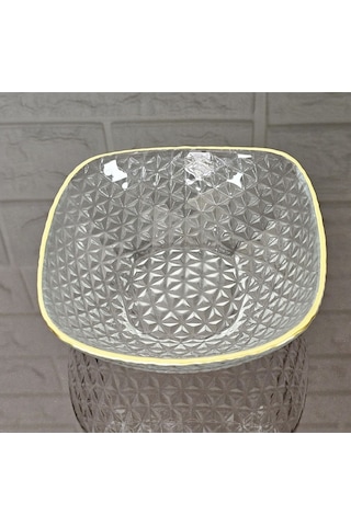 6 Kişilik Kare Kesme Dekorlu Çerezlik Gold Detaylı Cam Kase 12 Cm Naturel