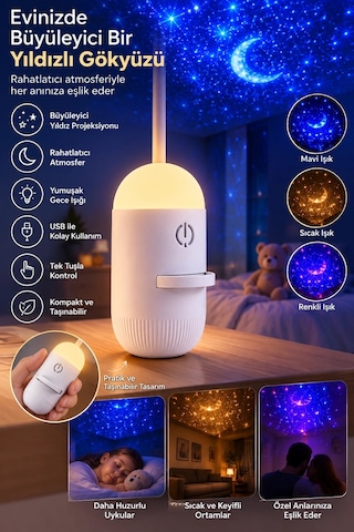 Romantik Atmosfer İçin Ay Yıldız Projeksiyonlu Gece Lambası Karışık