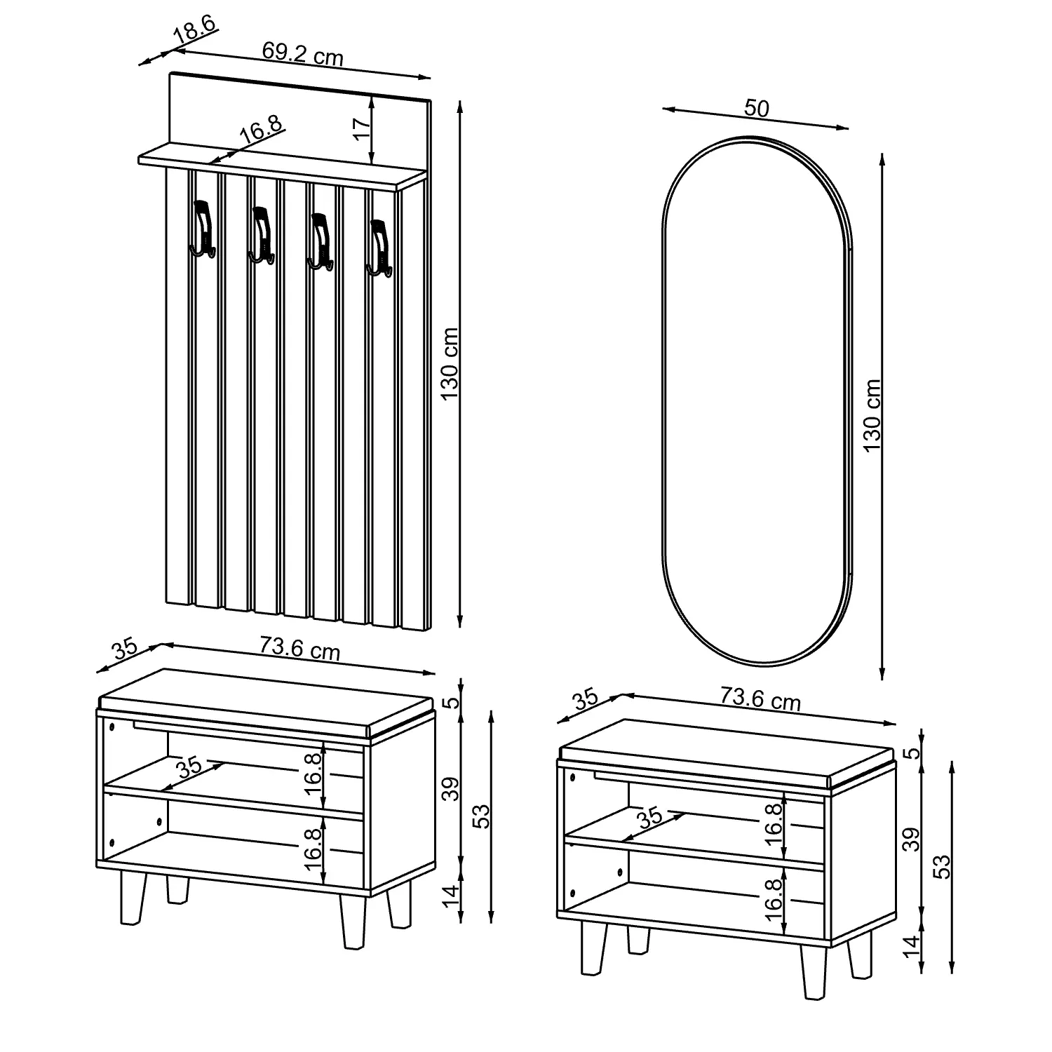 Nord Vestiyer Takımı Lambri Askılıklı, Bench, Modüler, Oval Aynalı Portmanto Takımı Beyaz
