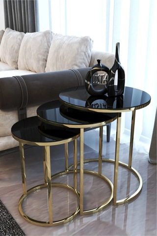 Ecol Desings Ecol Gold Metal Zigon Sehpa Siyah Kırılmaz Cam Altın