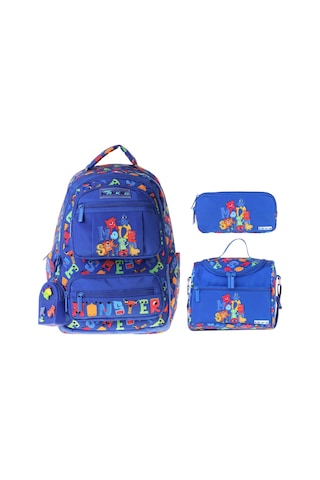 Kaukko Kids Monster Mavi Renk Erkek Çocuk Üçlü İlkokul Okul Çantası Seti/takımı - Setkk-l5404a