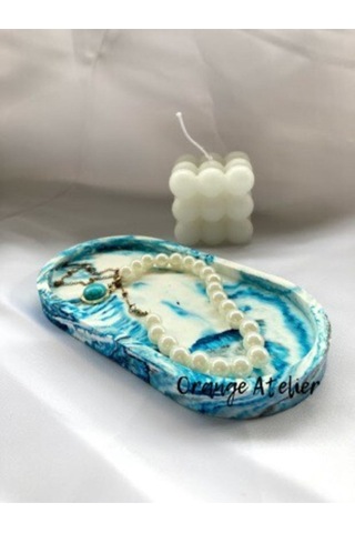 Dekoratif Oval Mavi Beyaz Beton Biblo Tabak Beton Takı Tabağı Mum Tabağı Organizer Mumluk Tütsülük