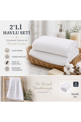 2'li Yüz Havlusu Seti 50x90 Cm Pamuklu El Havlusu Püsküllü Yumuşak Dokulu Yüksek Emici Günlük Kullanım Beyaz
