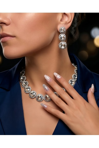 Riviere Kristal Taşlı Çiçek Model Şeffaf Renkli Kolye Küpe Set