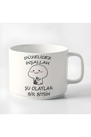 Duble Türk Kahvesi Fincanı & Espresso Düzelicez Inşallah Şu Olaylar Bir Bitsin Baskılı Kupa 180 Ml Beyaz