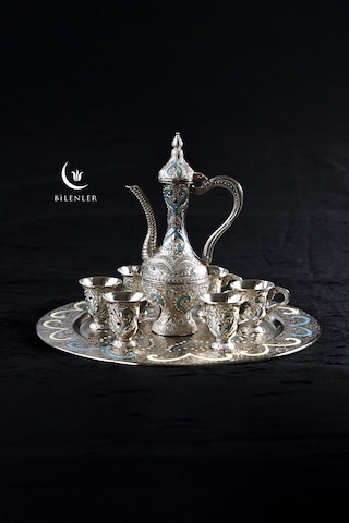 Hediyelik/ Sunumluk Osmanlı Motifli Nakışlı Gümüş Zemzem Takımı 8 Parça