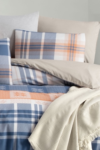 Lastikli Çarşaflı Çift Kişilik Nevresim Takımı Plaid Lacivert