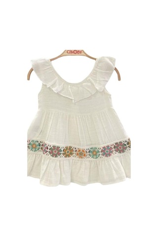 Çikoby Kız Bebek Motifli Yakası Fırfırlı Elbise-13952 Ekru