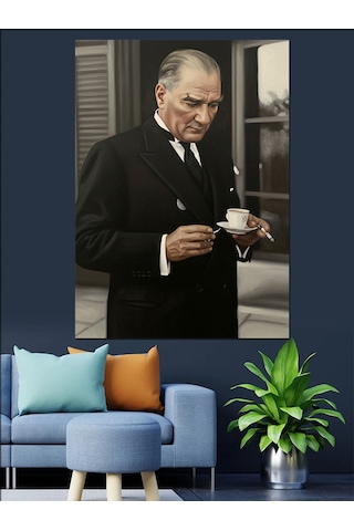 Kahve İçen Atatürk Fotoğrafı Dekoratif Kanvas - Mdf Ahşap Tablo