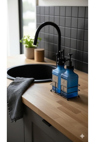 Morponi Metal Stantlı 2'li Soft Cam Sabunluk Ve Deterjanlık 300 Ml Mavi Mavi