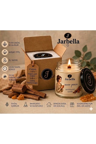 Jarbella, %100 Doğal Soya Mum, 220gr, El Yapımı, Ahşap Fitil, Sandal Ağacı Kokulu, Ev Ve Hediye İçin İdeal 001 - Beyaz