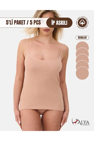 Alya Underwear %100 Pamuk Kumaşlı İp Askılı Kadın Atlet Jakarlı Ribana Kalp İşlemeli 5'li Paket Beyaz Ten Rengi