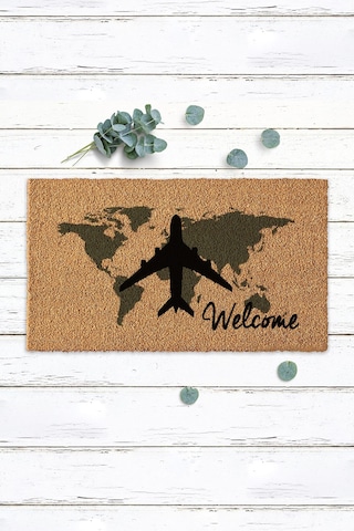 Uçak Ve Dünya Haritası Tasarımlı Kapı Önü Paspası