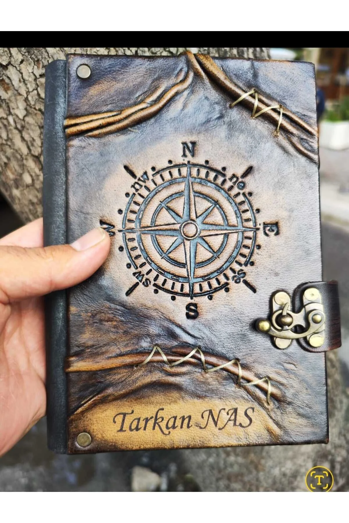 Pusula El Yapımı Hakiki Deri Dikişli Şamua Kağıt Eskitme Hediyelik Anı Günlük Ajanda Defter Açık Kahverengi