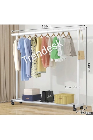 Metal Beyaz Konfeksiyon Askısı Ayaklı Askılık Elbise Askılığı Tekerlekli 150 140cm Beyaz